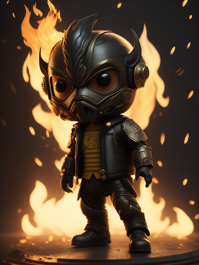 Full body 3d render of funko pop FIRE PHONIX IN JACKET, Indonesian face