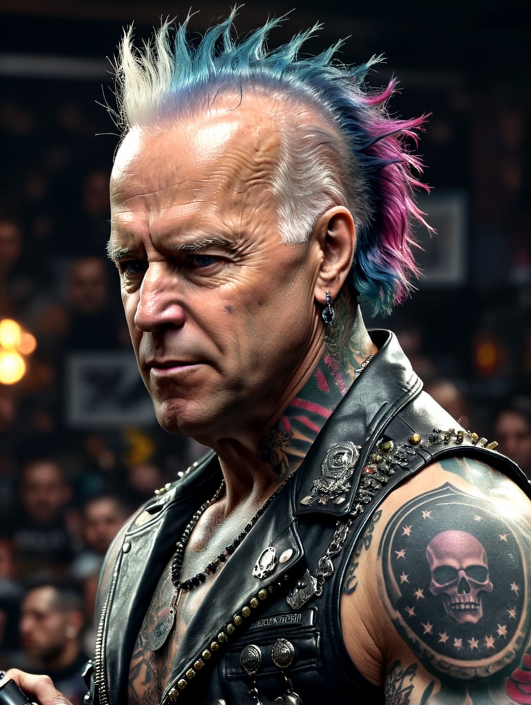 Joe Biden as a punk rocker, full face, tattoos, piercing