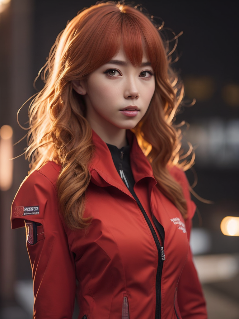 (best quality, masterpiece, colorful, dynamic angle), (asuka langley), upper body photo, fashion photography of cute red long hair girl, dressing evangelion red suit (high resolution textures), in dynamic pose, bokeh, (intricate details, hyperdetailed:1.15), sunlight passing through hair, monocromatic splash art background, high contrast, official art.