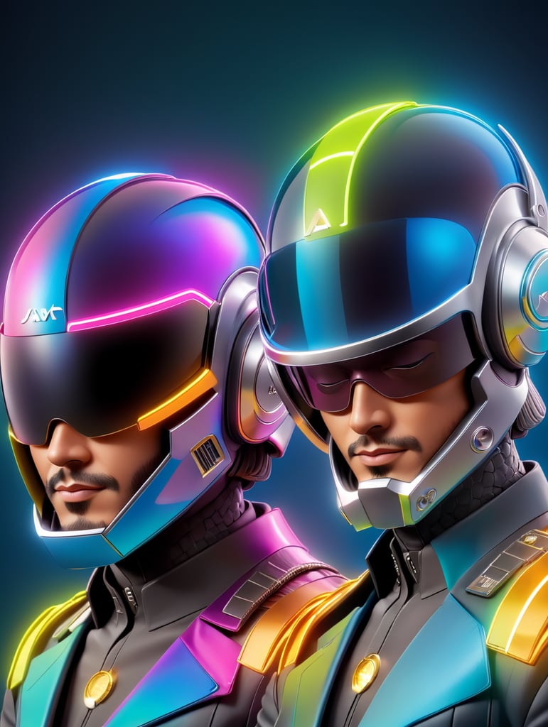 Portrait of daft punk, ultra realism, super detailed, neon colors, magazine cover, professional shot, magazine photography, bright saturated colors, sharp focus, highly detailed