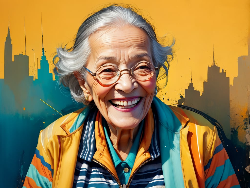 Smiling and cheerful old lady in a striped jacket on an isolated yellow background