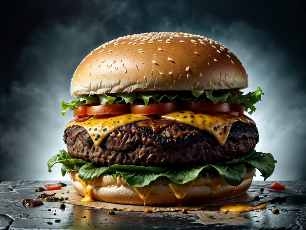 an appetizing burger with lettuce, tomato and melted cheese, ultra hd, isolated, hyper realistic, detailed,