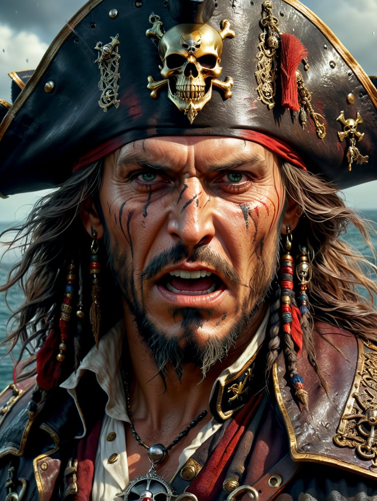 A sensually beautiful pirate captain tears terrified