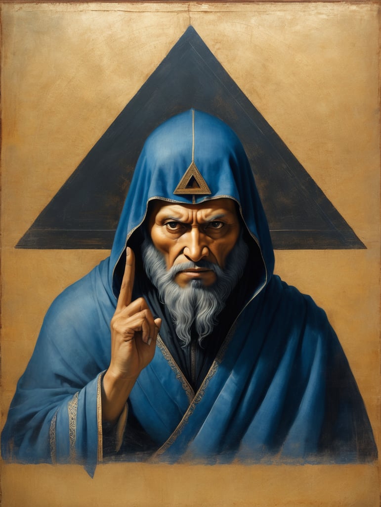 icon painted by Leonardo Davinci, portrait of a human with a black angry Wolf head, clothes in a blue coverlet, hand crossing fingers, glow around the head in the form of a triangle