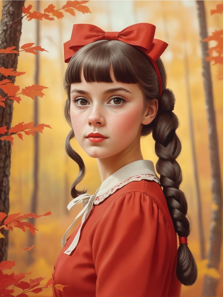 1960s portrait of soviet girl with bows and pigtails in red sundress, autumn forest, Genrih Valk illustration