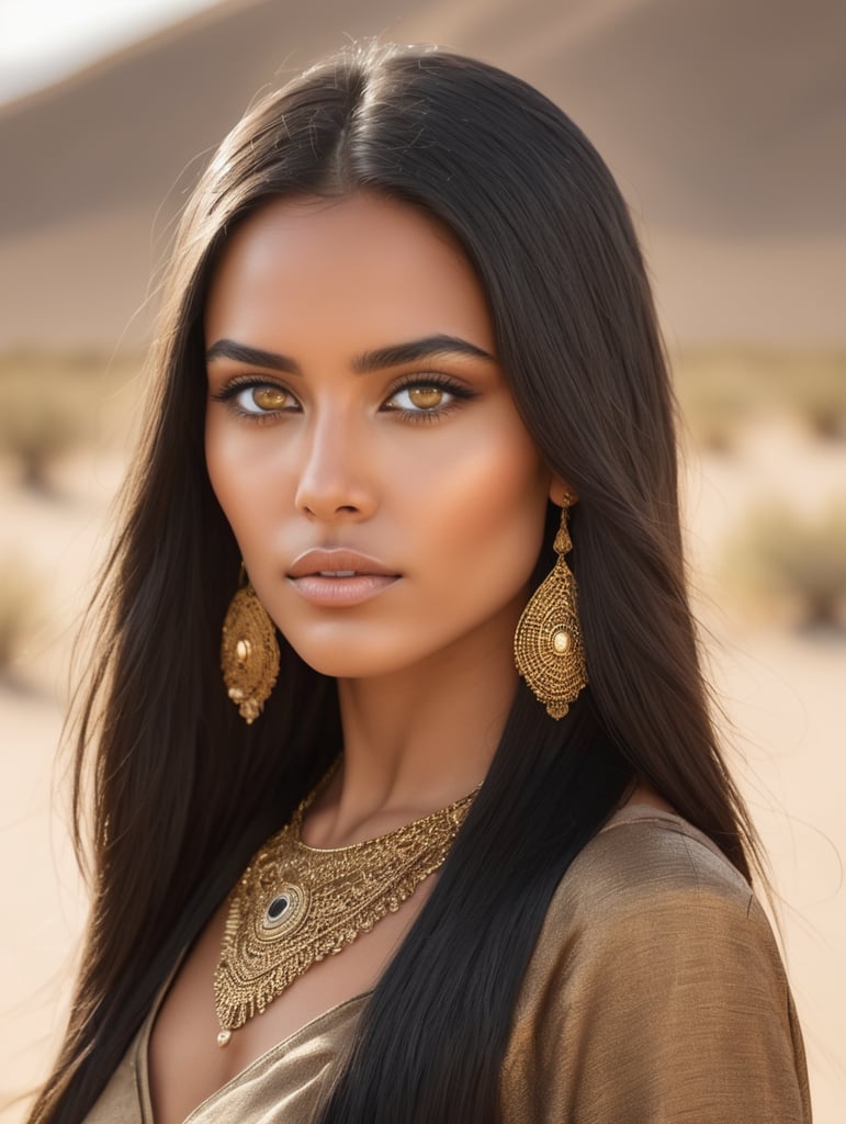 Waist up 5’10 willowy build bronzed skin young woman with slanted golden eyes and straight very long black hair and gold jewelry in a Desert