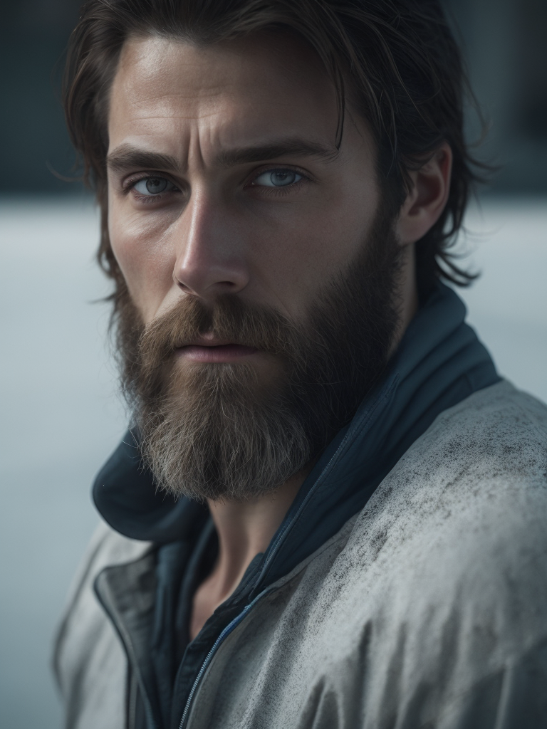 portrait of an ice hockey player Pavel Bure with beard, hockey uniform, in front of the ice hockey rink, sharp focus, Dramatic Lighting, Depth of field, Incredibly high detailed, blurred background