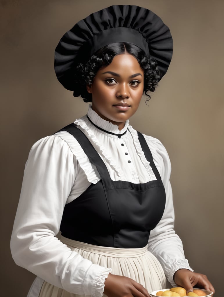 A victorian maid with tanned black skin , curly short black hair wearing long black uniform with white apron and cap in the 1800 century. Her face is of african origin.she has a chubby figure with big bra size