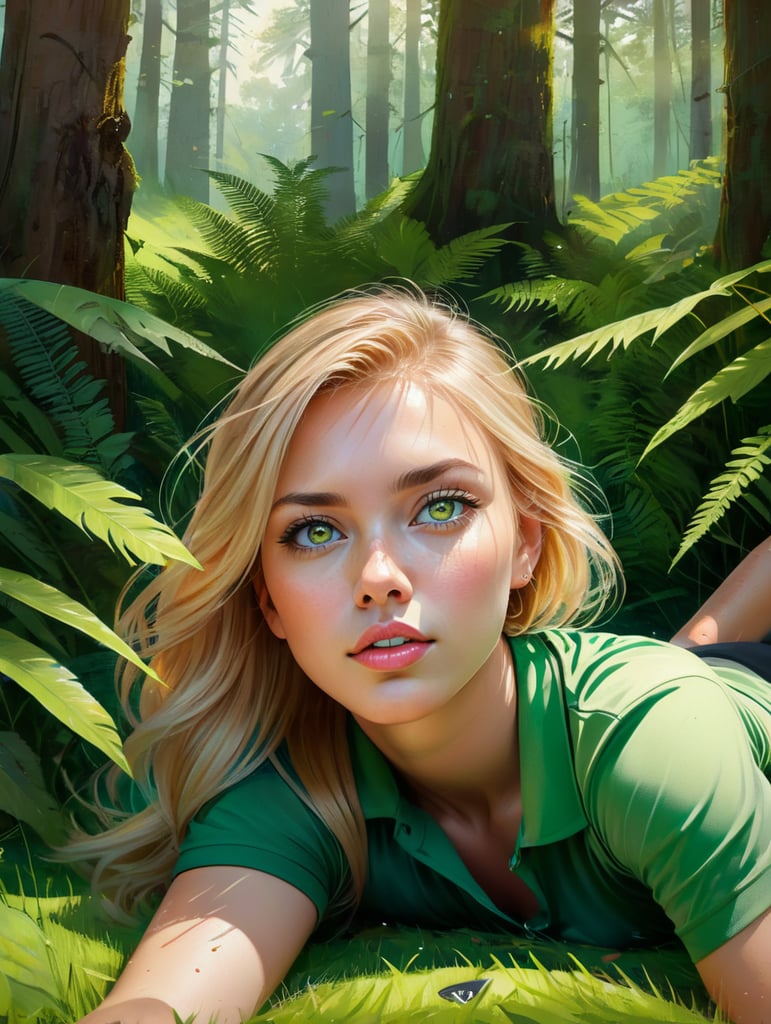 a girl with blond hair, green eyes and a green golf shirt,lying on sunny grass in the forest, surrounded by ferns