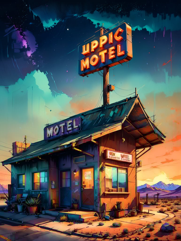 Small vintage motel located near the highway with a large neon sign, night with starry sky, bright colors, contrasting shadows, deep dark atmosphere, tumbleweed, desert and mountains on the horizon, incredible details, sharp focus