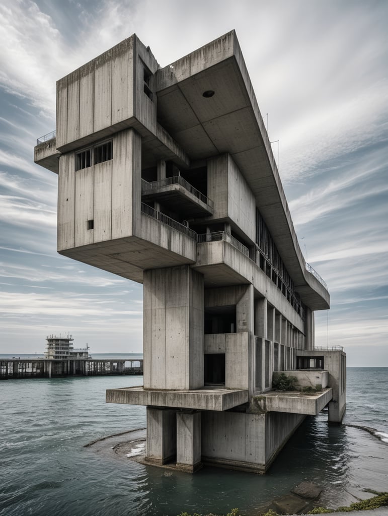 Visualize a (((technical drawings style))) abandoned (((concrete building))) floating over a (((sea))), with its bottom surface is (((foam))), as if it were being buoyantly lifted above the water due to the foam floating. The scene is captured in a (((monochrome line drawing))), with intricate details like (((hatches))), (((sea dots))), and (((technical pen lines))). The entire composition exudes a sense of (((technical drawing))), evoking the essence of advanced engineering and modern architecture.