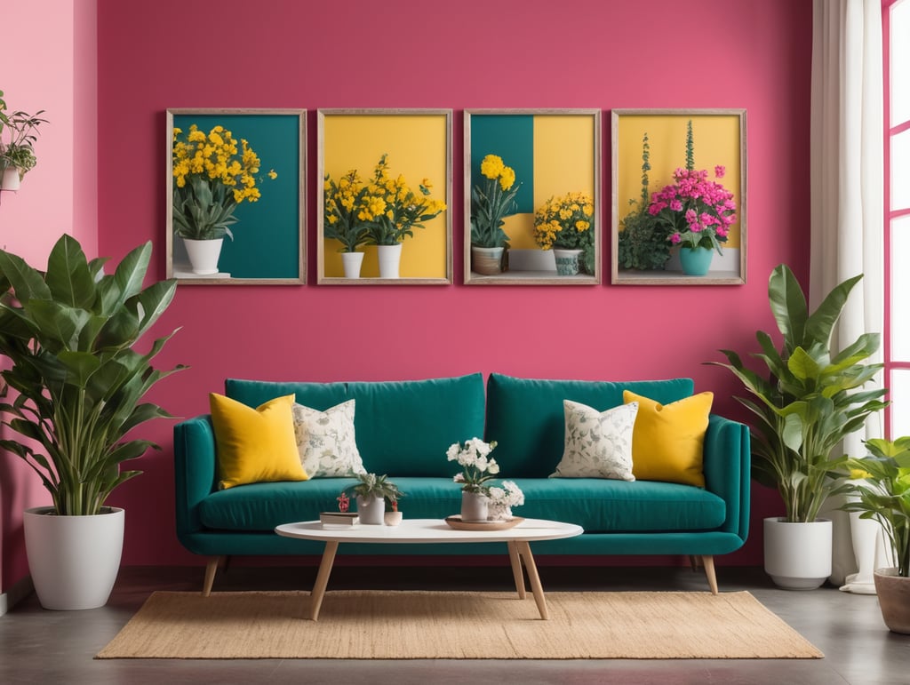 Mockup for two frames of 24x36 in. posters, hanging on a wall painted dark teal color, in a french modern country style livingroom, hot pink sofa and yellow pillows, many plants and flowers, bright livingroom