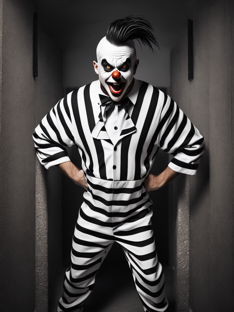 angry clown in a black and white stripes prison jumpsuit uniform