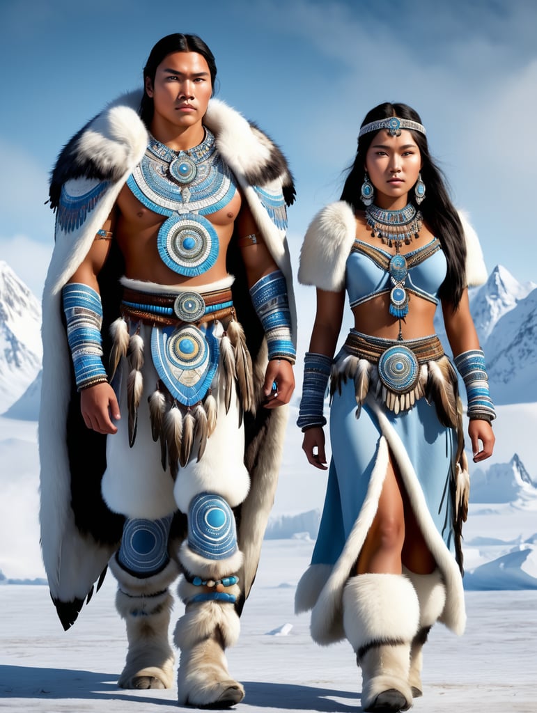 Generate a captivating full-body illustration of a stunning 18-year-old inuit woman dressed in exquisite stone age clothing, embellished with intricate feathers, vibrant beads, and delicate shells. she stands gracefully on the stark tundra steppe, radiating beauty and strength, while beside her, her younger brother, with a somber expression, evokes a poignant and melancholic atmosphere. bring this vision to life with the artistry of tom björklund.