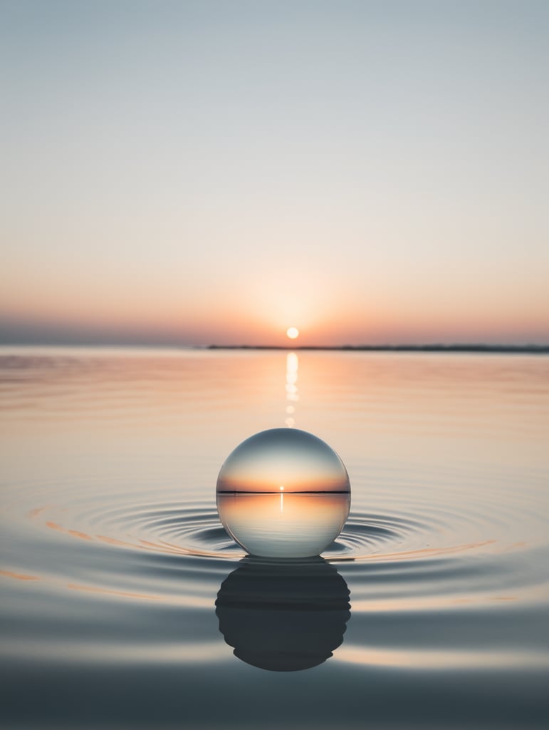 minimal, simple white sphere floating above the calm water, just the horizon on the background, image should look like it is a 35mm film photo