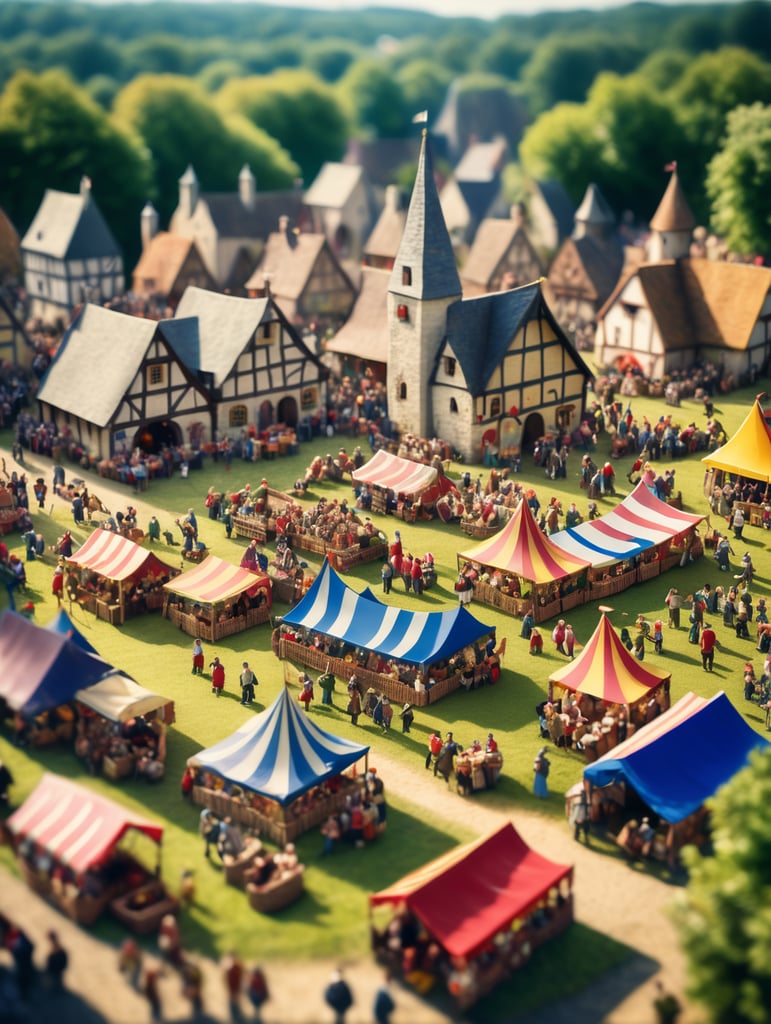 A medieval-inspired creative concept is depicted in a tilt-shift photograph capturing the joyful ambiance of a village fete and fair