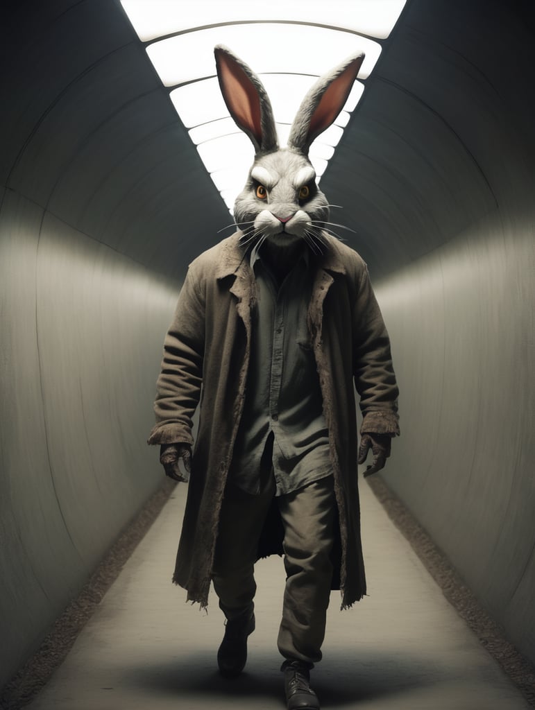 Scary Bunny Man is in a tunnel. He has old clothes. And he looks at the camera nervously. realistic