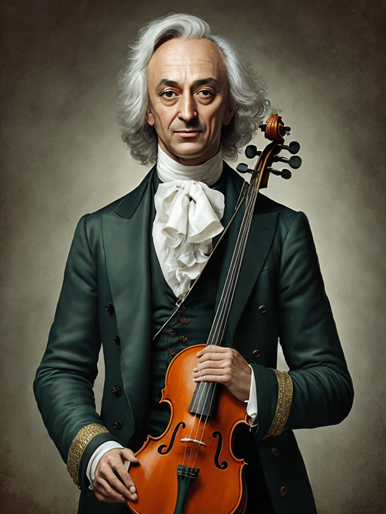 Antonio Lucio Vivaldi with a violin, in a 18th century green suit, Detailed image, detailed face,