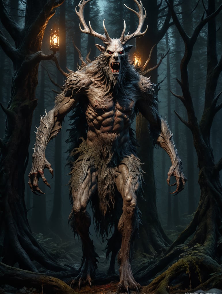 Horror movie creature, wendigo, dark forest background