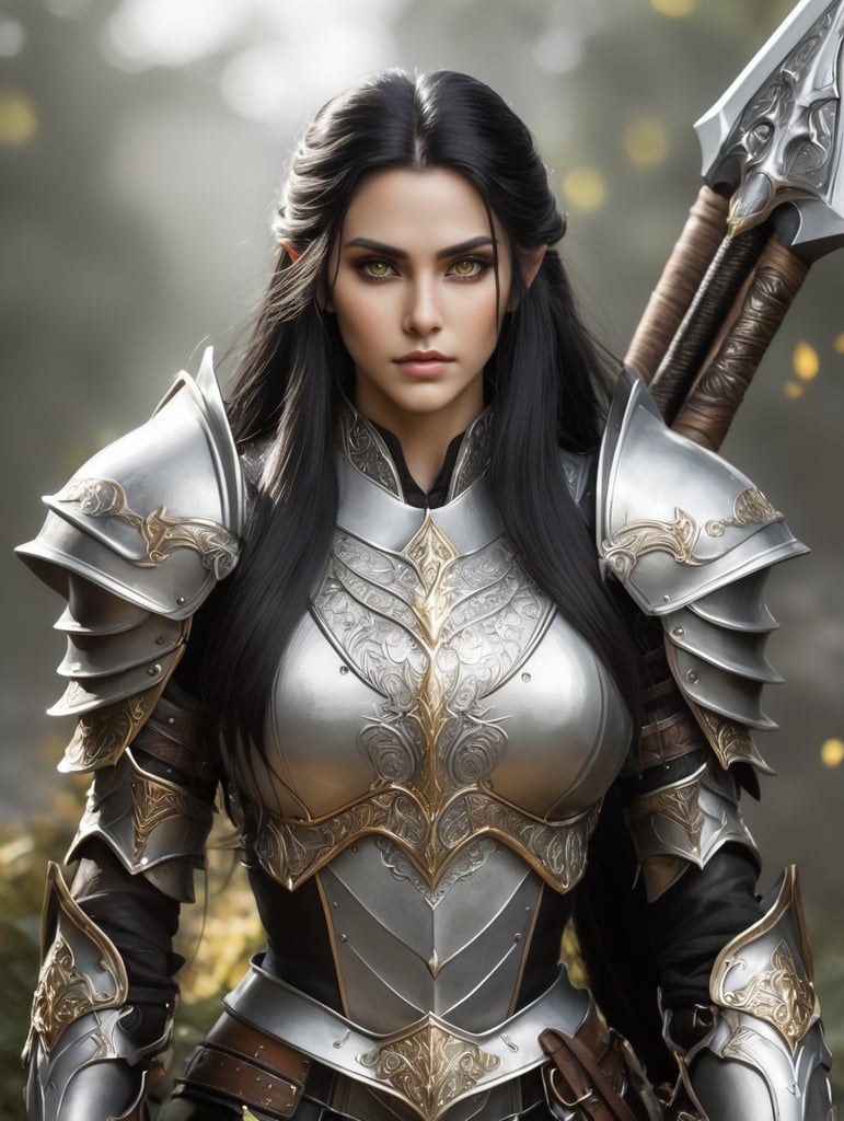 A beautiful Elf paladin with hazel eyes and long black hair, carrying her great axe in her silver and gold armor