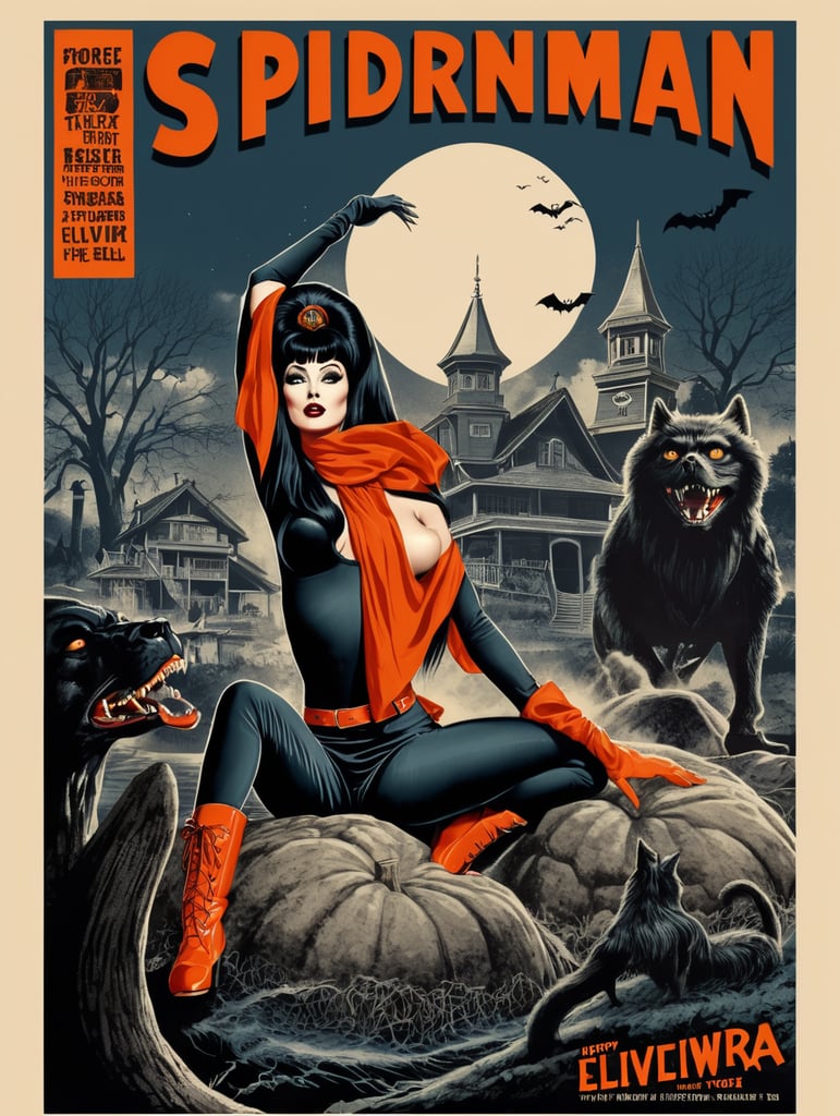 1950's b-movie horror halloween t-shirt print design featuring Elvira