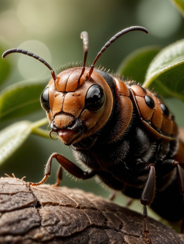 An ant with a shaved body and has a mustache.