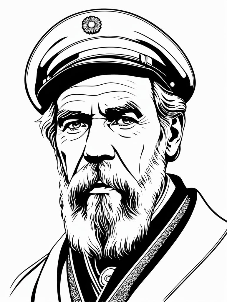 Leo Tolstoy, in the style of basic simple line art vector comic art on white background