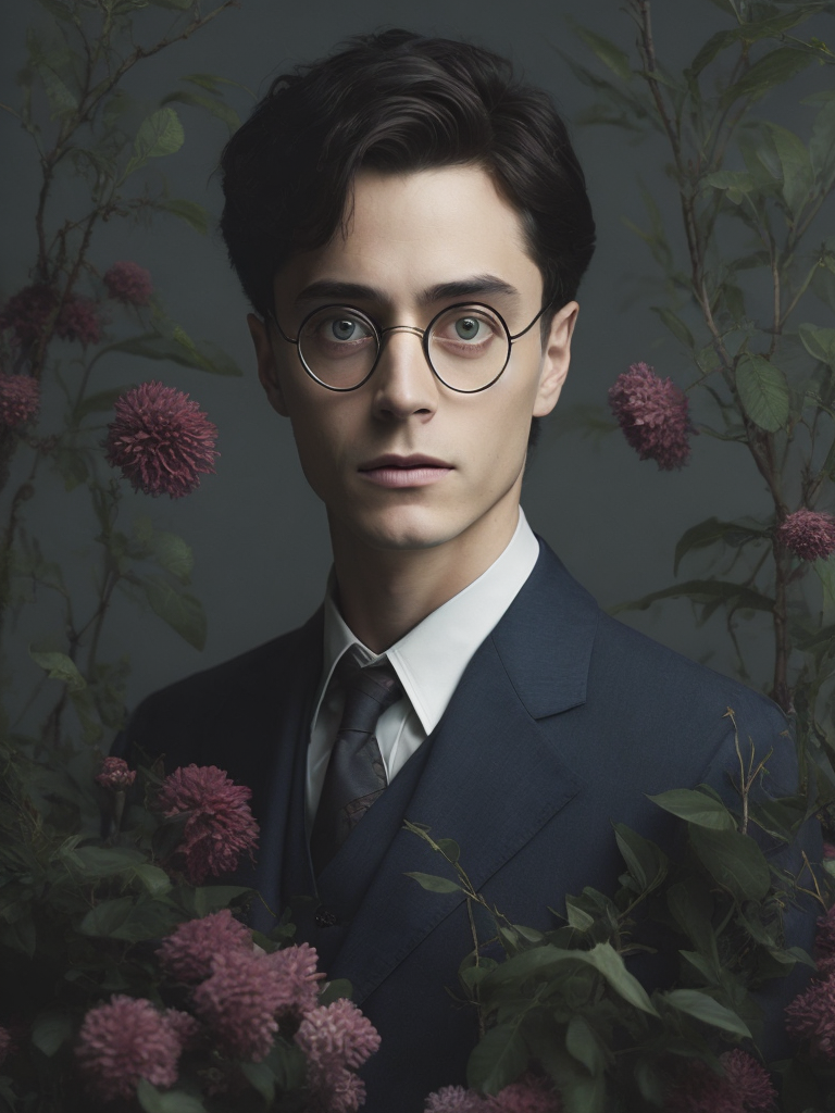 Harry potter with flowers, painted by rené magritte