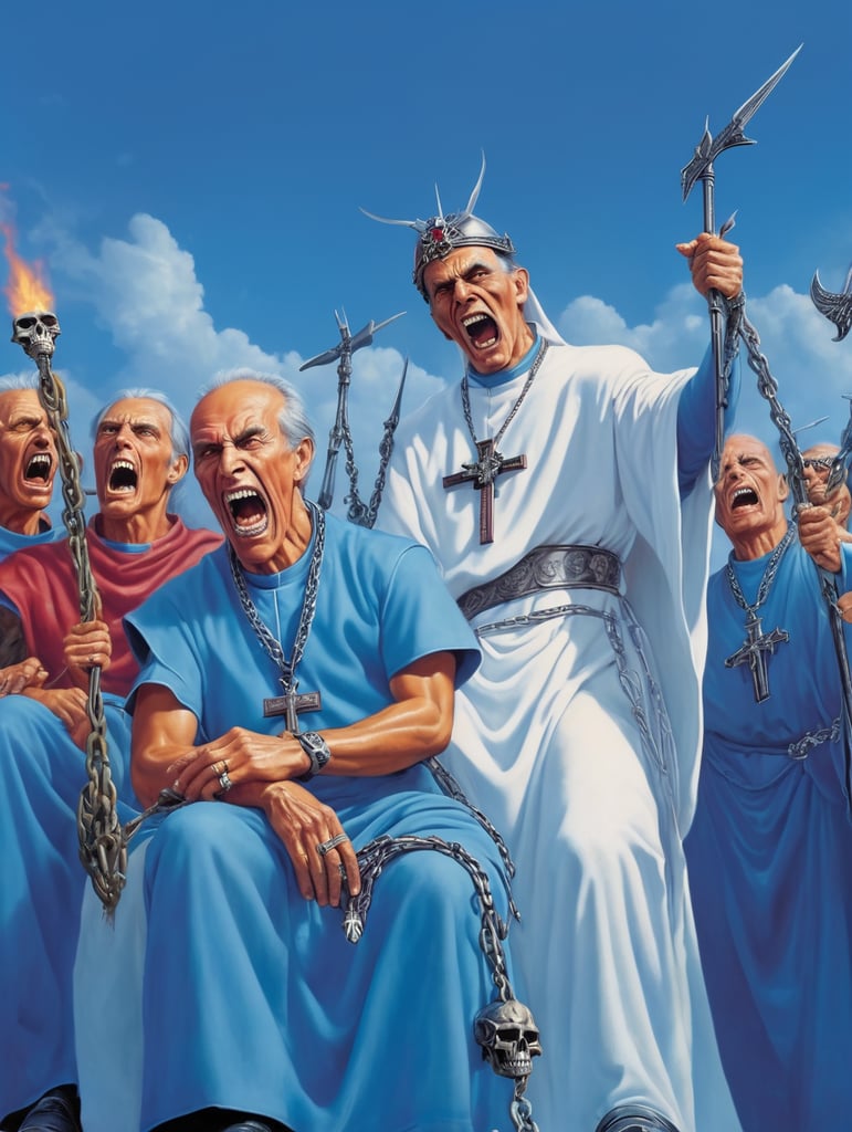 Human Bishop, and nuns healing, the dead Hell skulls four horsemen baphomet chains thorns ,screaming dead demons on fire iconic, hyperdetailed, Iron Maiden Eddie digital illustration by Derek Riggs, (iconic, hyperdetailed, haunting digital illustration by Zdzisław Beksiński and Peter Gric. ), vivid saturated colors, highly detailed, contrast colors