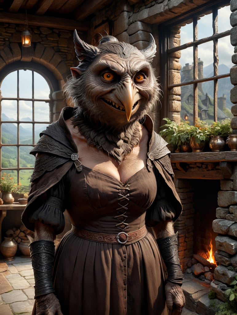 An old witch dressed in a plain dark brown dress buttoned up to her neck, very ugly with a big nose, bad teeth that stick out and warts, bent over, viewed from the front, brown owl on her shoulder, by an old stone fireplace. Inside a tumbledown cottage with a dark wood seen through the window.