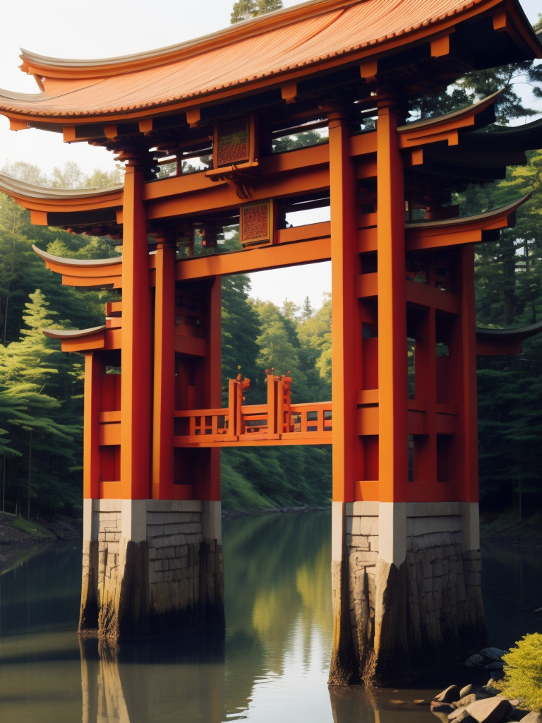 Red torii gate in middle of a lake, Dense forest on the edge of the lake, Bright and saturated colors, Japanese culture, photorealistic, contrast light