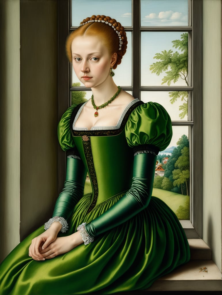 lucas cranach painting, young lady, green dress, sitting at window,