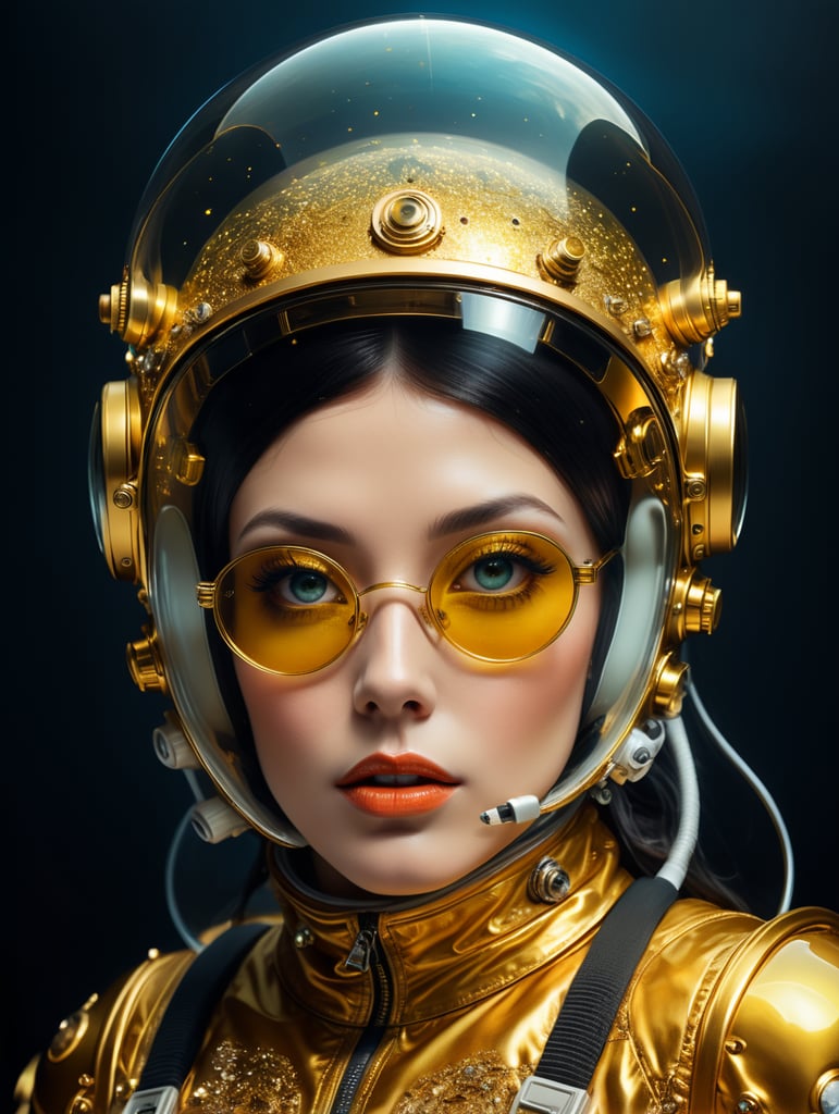 Photography on santorin planet, 60's gorgeous astronaut woman in an glitter transparent gold astronaut spacesuit wearing a large transparent plexiglass helmet glasses, 80 degree view, art by sergio lopez, natalie shau, james jean and salvador dali