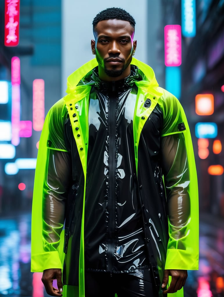 Cyborg black man wearing transparent raincoat, cyborg parts, rainy dark and neon tokio photo shoot, cyberpunk style, bright colours, high contrast, contrast lights