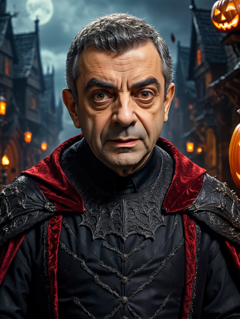 Rowan Atkinson wearing spooky Halloween costume, Vivid saturated colors, Contrast color