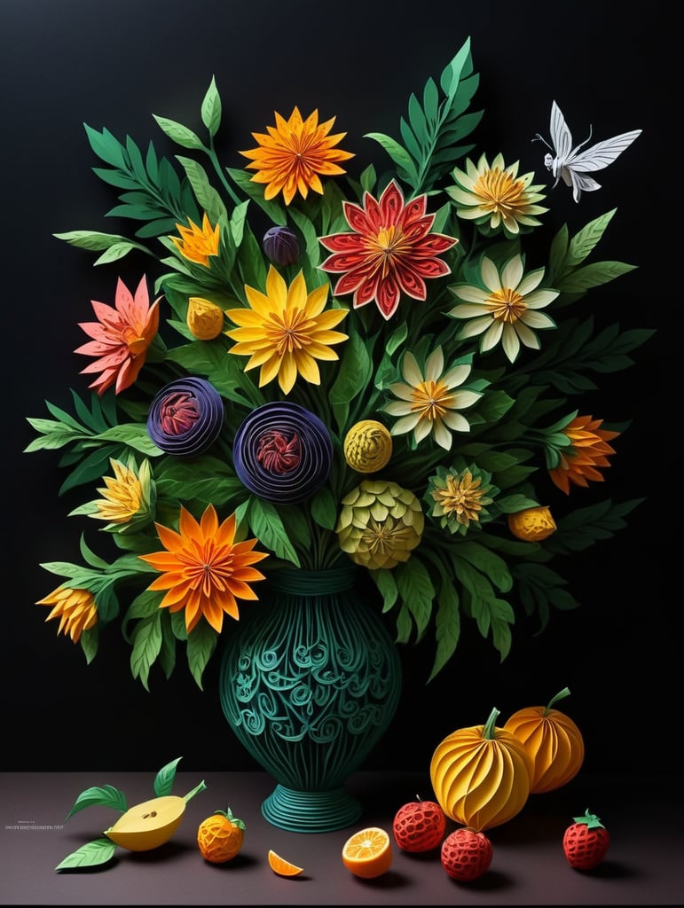 Craft a hyper-realistic still life painting showcasing a bouquet of exquisite flowers and fruits