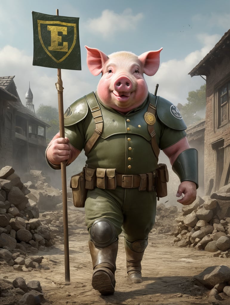 Draw a pig standing like a superhero and wearing a khaki green military uniform from world war two. The pig's uniform has a large "E" letter on his chest, and the pig carries a shovel in one hand like he's hold a rifle. The background should be transparent.