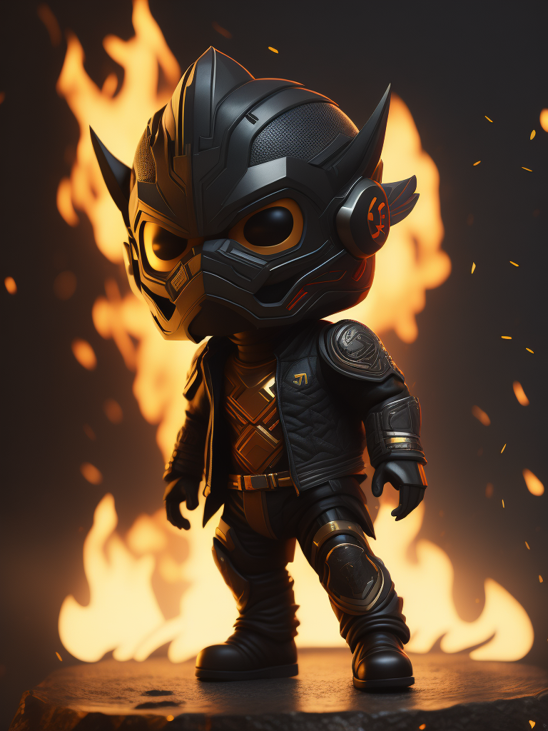 Full body 3d render of funko pop FIRE PHONIX IN JACKET, Indonesian face