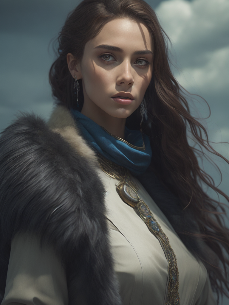 draw the girl is a model, standing tall, dressed in a fur coat, a colorful fur coat, flowers are depicted on the fur coat, a scarf on her head, an elegant pose, blue sky, summer, smears of oil paint, muted color, grain, Joe Madureira's Masterpiece inspired by Magali Villeneuve, Ann Stokes, Luis Royo and WLOP, 8k Ultra HD. --s 250