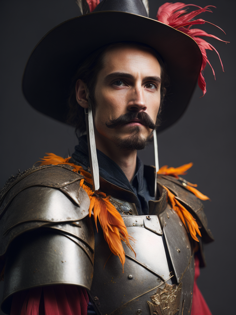 High resolution, high quality, high detail, soft lighting, cinematic lighting, realistic, DSLR, bokeh, studio quality, film grain, panorama, film grab of a young landsknecht wearing a large hat with colorful feather plumes, plate armor, black shirt, moustache, holding a very long sword, standing, simple background, 80s fantasy movie