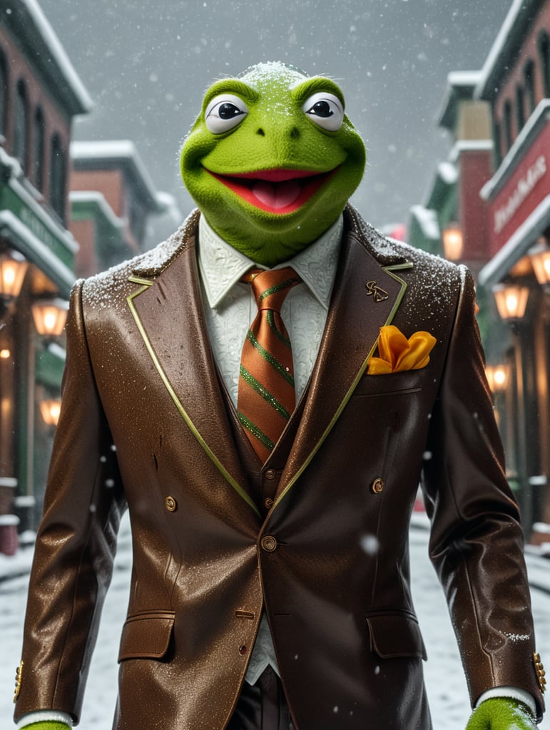 Kermit the frog wearing a brown gucci suit, gucci promo photo, 8k photo, snowing outside, dark hues, 8k photography, studio lighting, promo