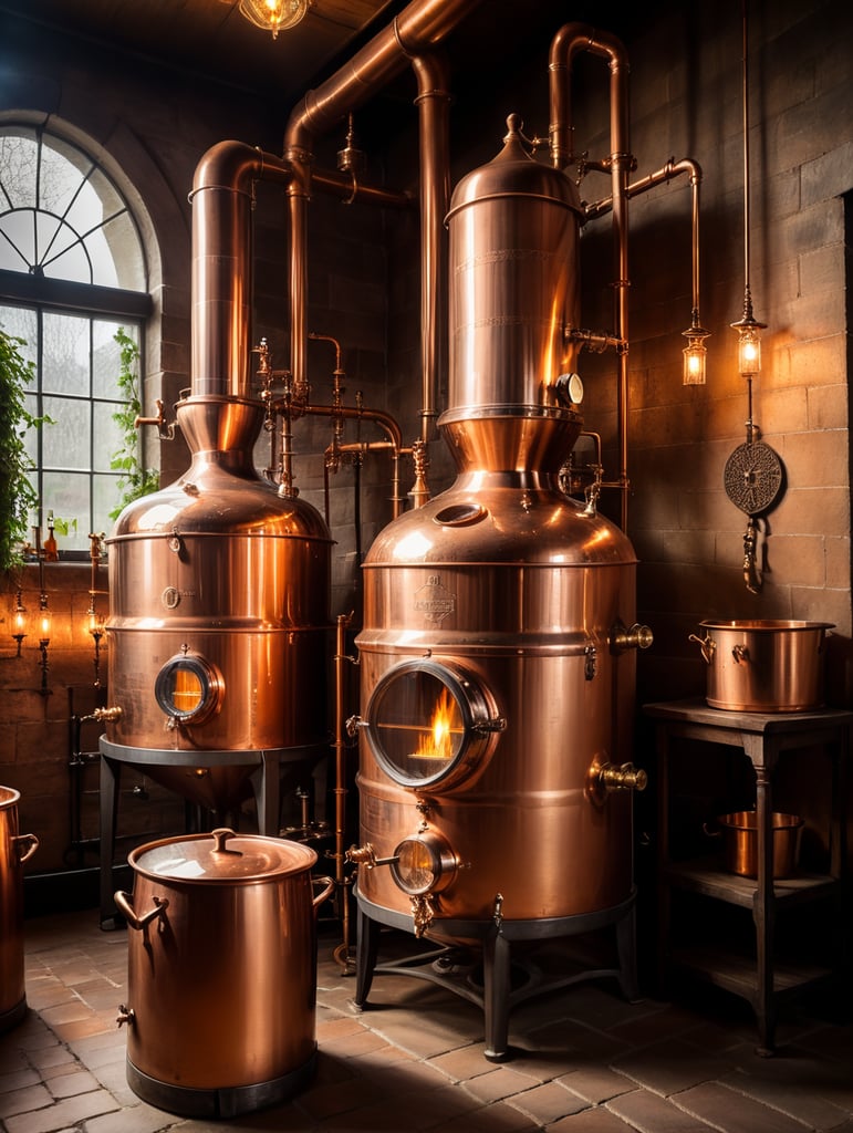 Close-up of a Copper distillation unit alembic, candles on the walls, Dim antique room for whiskey production, herbs and hops, old master sitting on a chair