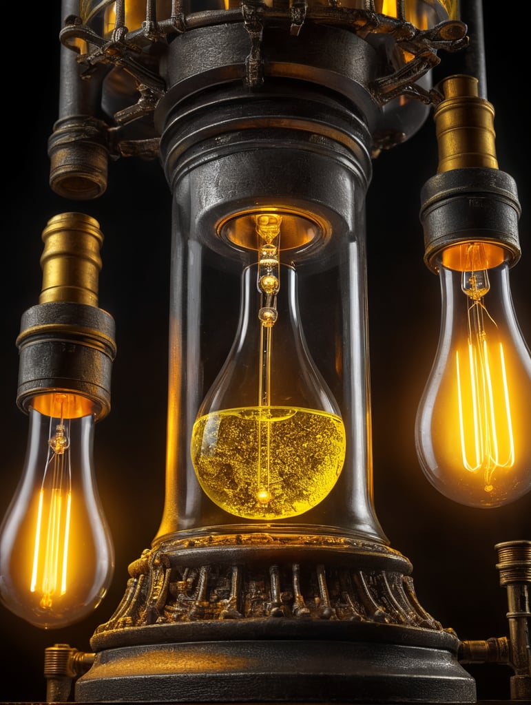 A chemical test tube working like a bulb lamp, black background, yellow details