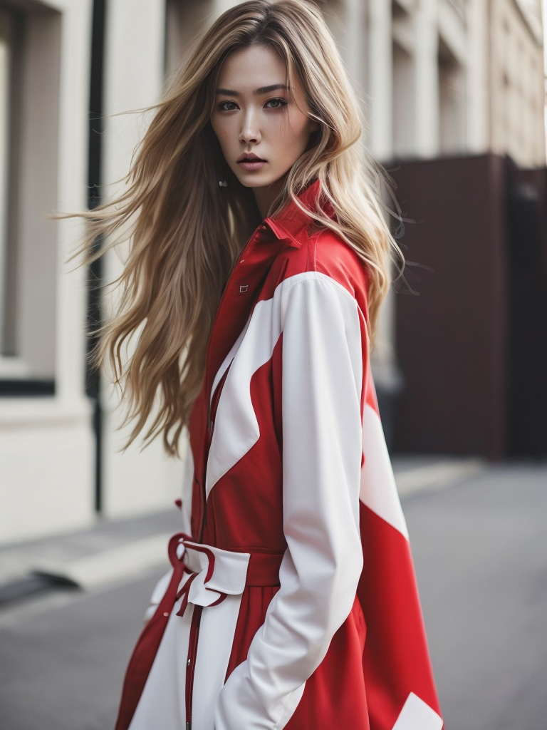 meaningful surreal tumblr amateur balenciaga's street fashion photoshoot of a beautiful 3d anime girl, interesting poses, photorealistic, red and white colors, photo shoot, cinematic still shot, magazine photography, 35mm, film look