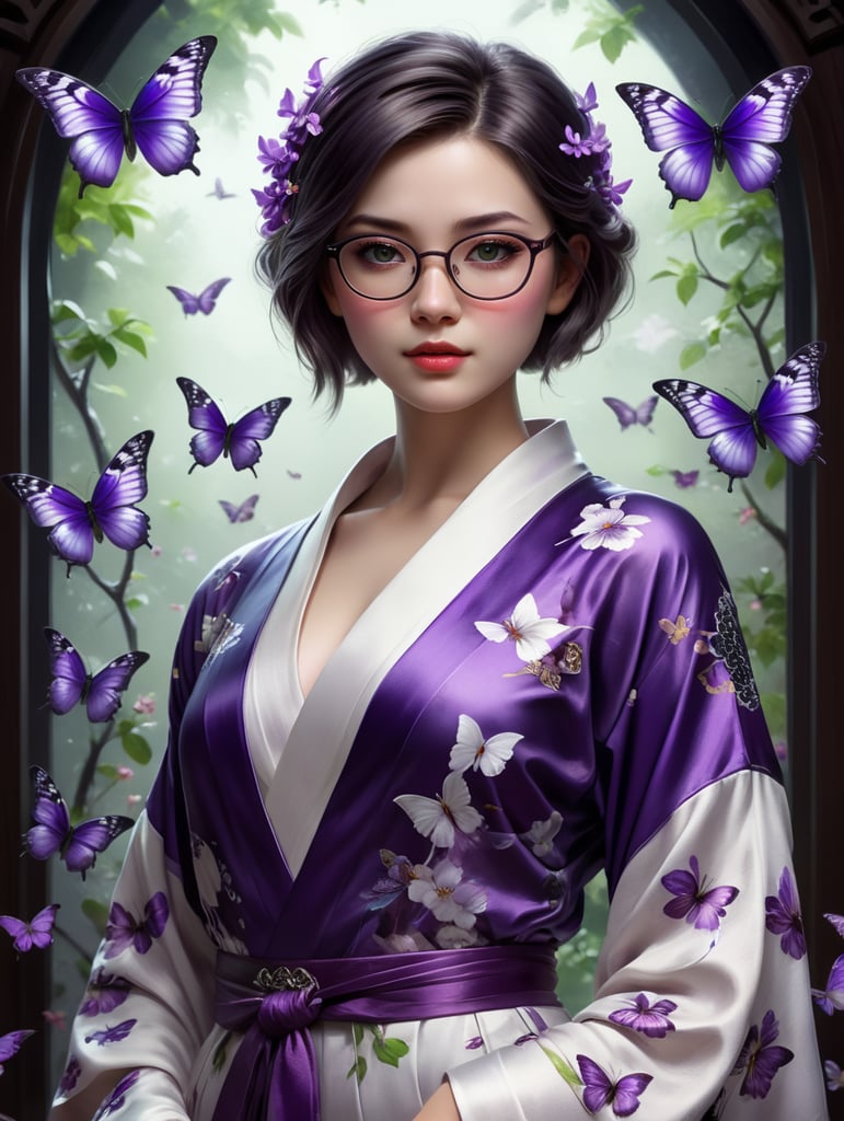 Create a Pixar animation style image of a girl with short dark hair, dark eyes and glasses, her skin is white, she wears a purple and white kimono with purple butterflies