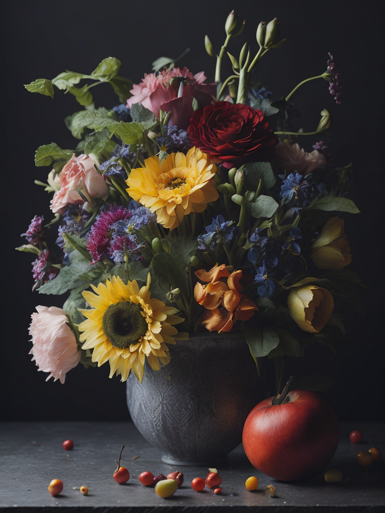 Craft a hyper-realistic still life painting showcasing a bouquet of exquisite flowers and fruits