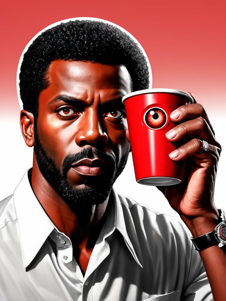 Miami black man holding a red cup eye-catching poster-style drawing and illustration representing the iconic pulp style.
