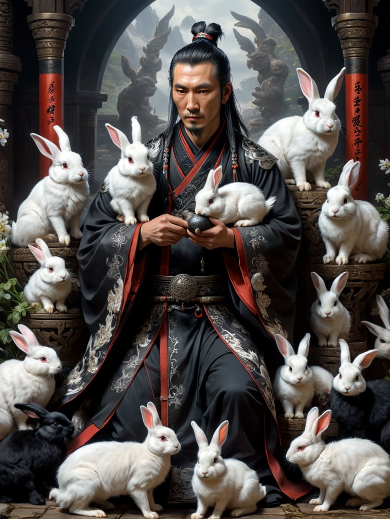 Wei Wuxian segurando coelhos brancos e pretos