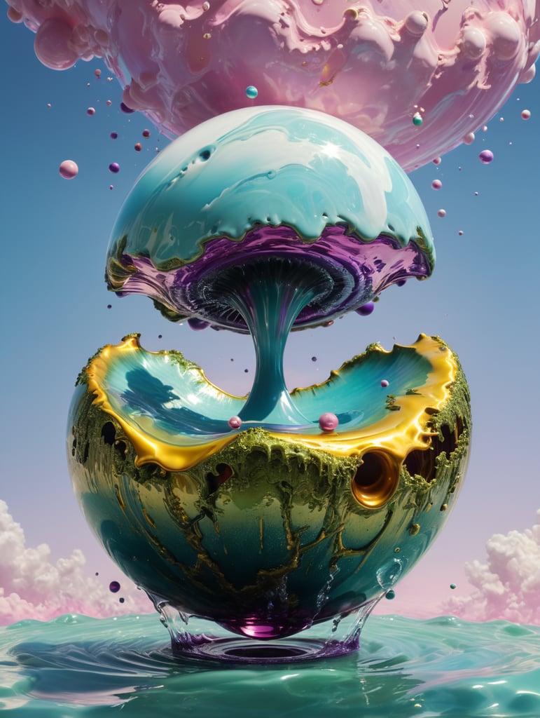 a singular object, floating in mid air, trippy, looks like a ball of liquid porcelain, gloss, shine, otherworldly, nature, photorealism, y2k, rave, plain light blue colour background, light green, pinks, purple, yellow