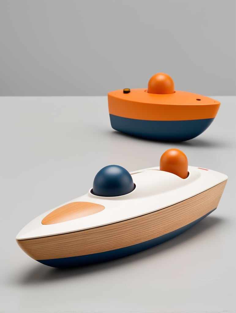 Bath toy chubby high speed racing boat designed by Dieter Rams. Simplistic minimalist post modernist product design. Oak and injection molded plastic. Full object in view.